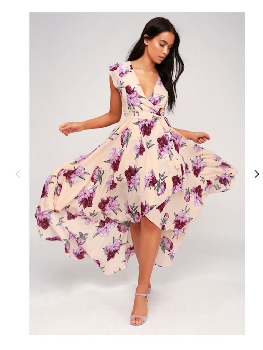 Lulu's Cream Floral High-Low Dress with Purple & Pink Blooms